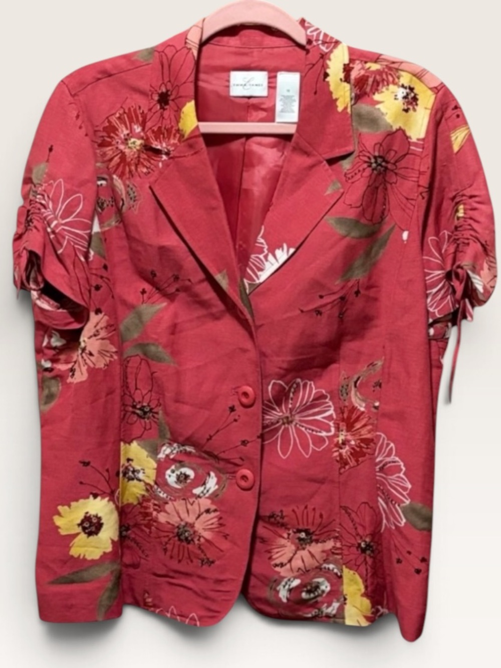 Emma James Linen Blend Floral Blazer Jacket Women’s 16 Coral Ruched Sleeve